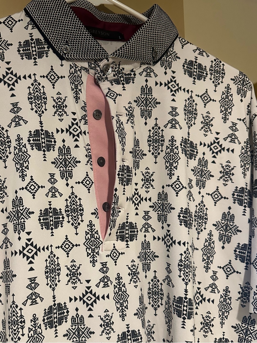 Greyson - L - Like New -Men's White Geometric Print Polo Shirt with Pink Placket
